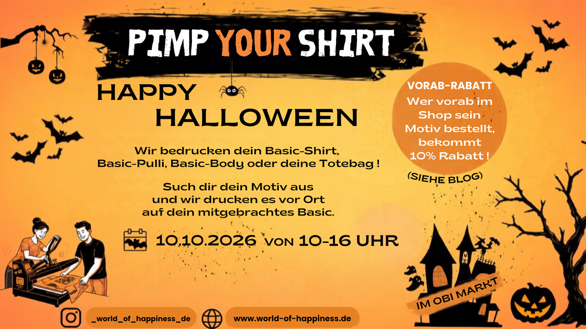 Banner für eine PopUp Aktion im OBI in Schwabhausen. Bei diesem Event kann man seine eigene Basic-Kleidung mit einem Halloween-Motiv veredeln lassen.