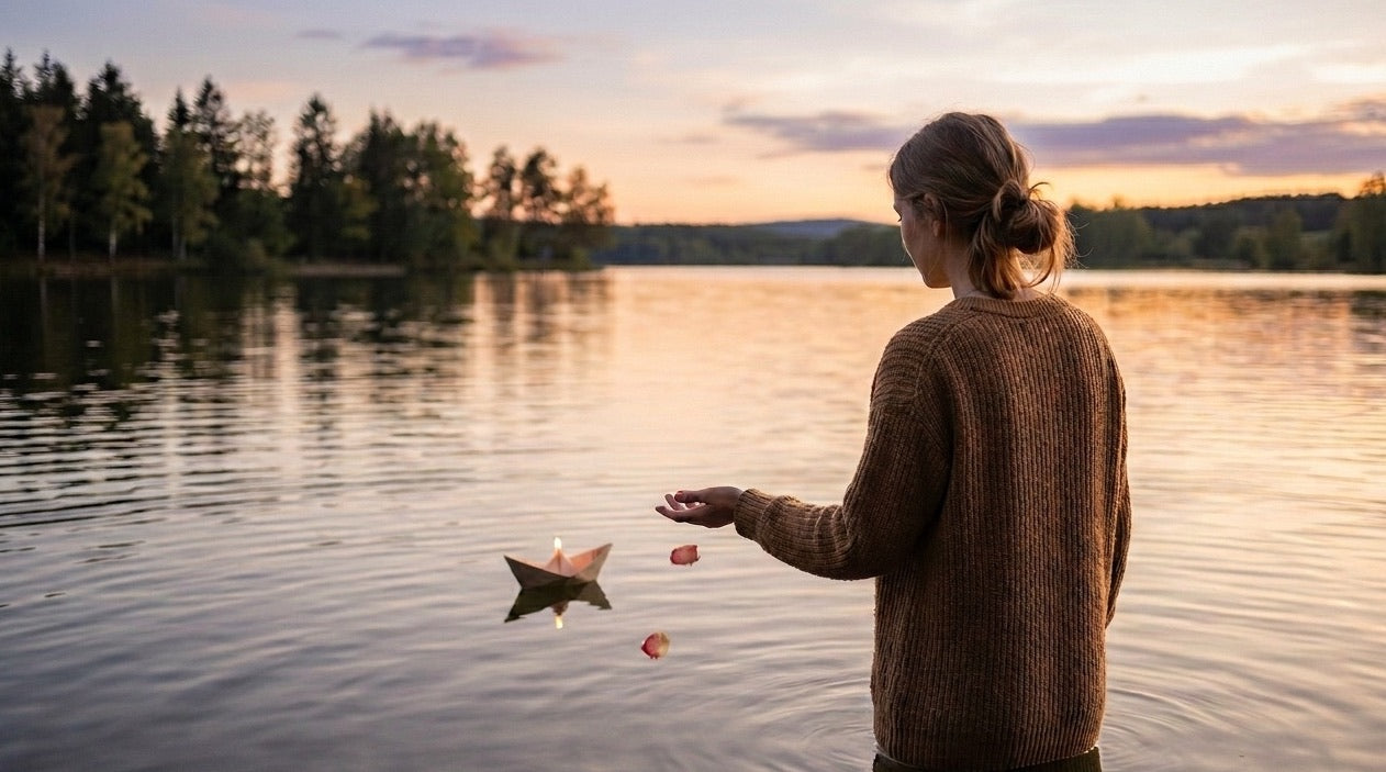Frau am Wasser, mit Schiffchen auf dem Wasser