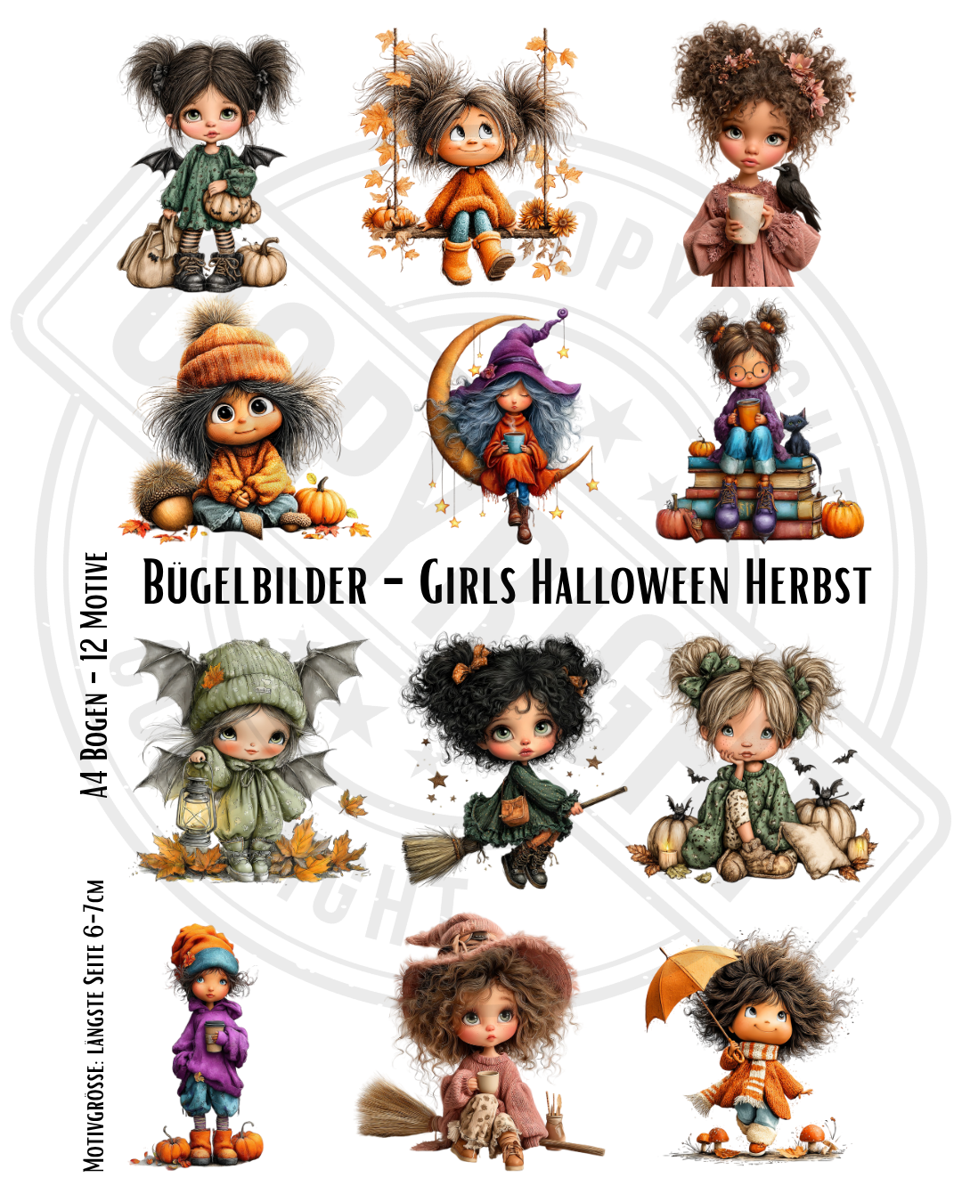 Bügelbilder-Set „Girls Herbst Kollektion“ | DIN A4 Bogen mit 12 süßen Magie- & Herbstmotiven zum Aufbügeln