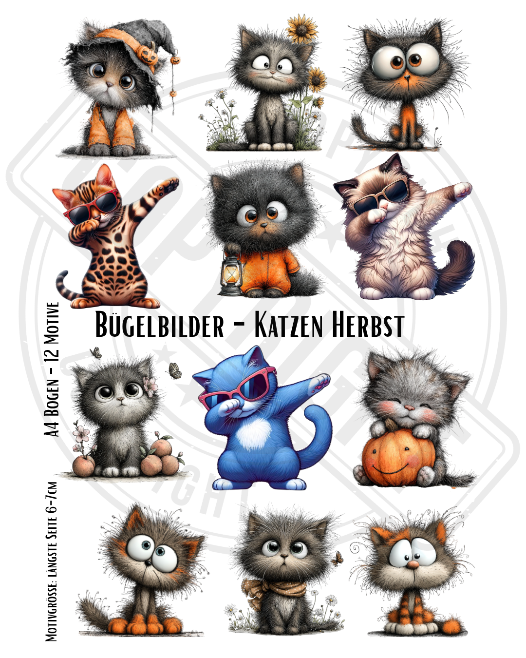 Bügelbilder-Set „Katzen Herbst Kollektion“ | DIN A4 Bogen mit 12 witzigen & frechen Samtpfoten-Motiven