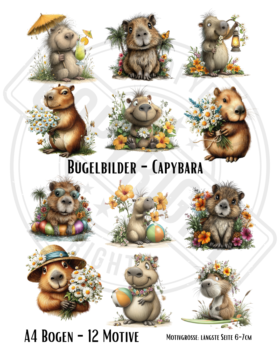 Bügelbilder-Set „Capybara Kollektion“ | DIN A4 Bogen mit 12 tiefenentspannten Wasserschwein-Motiven