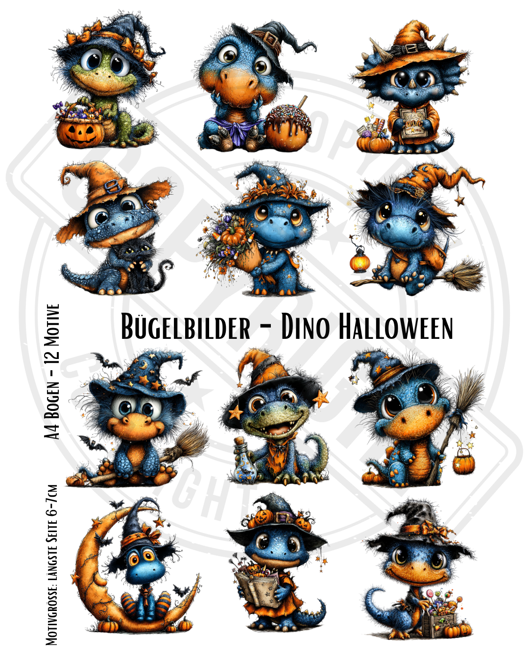 Bügelbilder-Set „Dinos Herbst“ | DIN A4 Bogen mit 12 süßen Dinomotiven zum Aufbügeln für Kinder