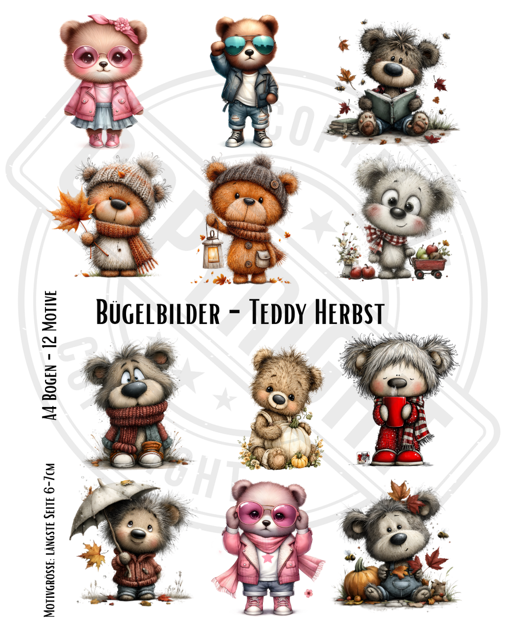 Bügelbilder-Set „Teddy Herbst“ | DIN A4 Bogen mit 12 süßen & coolen Bären-Motiven zum Aufbügeln für Kinder