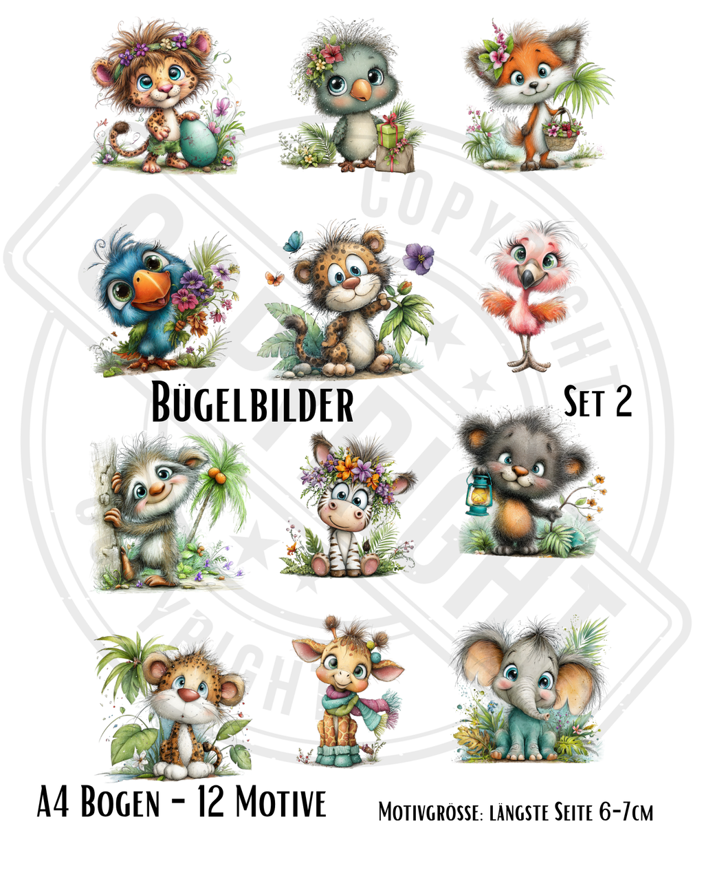 Bügelbilder Dschungeltiere    Set 2 | DIN A4 Bogen mit 12 Motiven zum Aufbügeln für Kinder