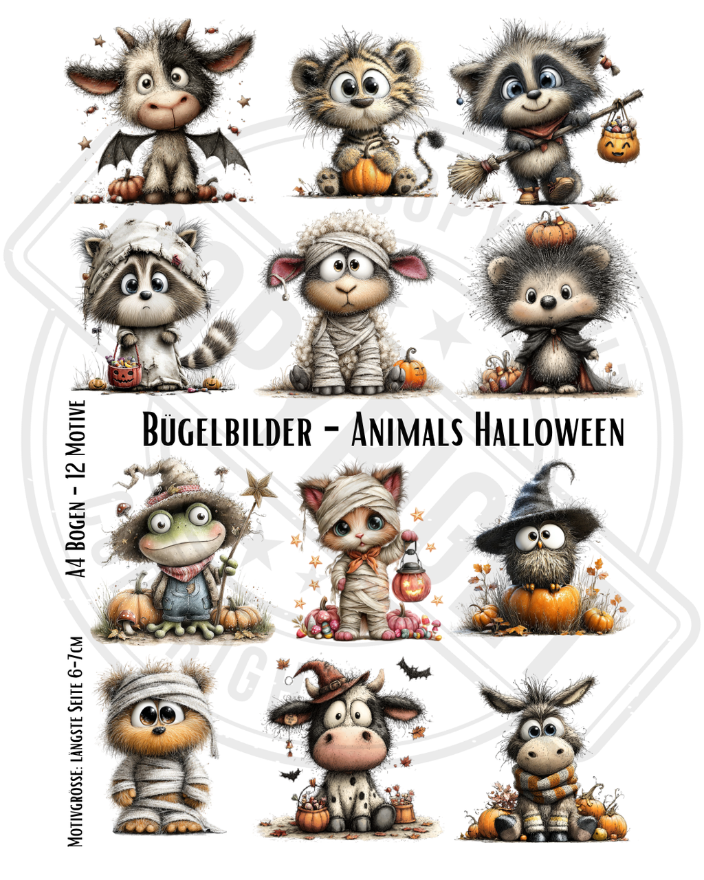 Bügelbilder-Set „Animals Halloween“ | DIN A4 Bogen mit 12 süße Schauermotive zum Aufbügeln für Kinder