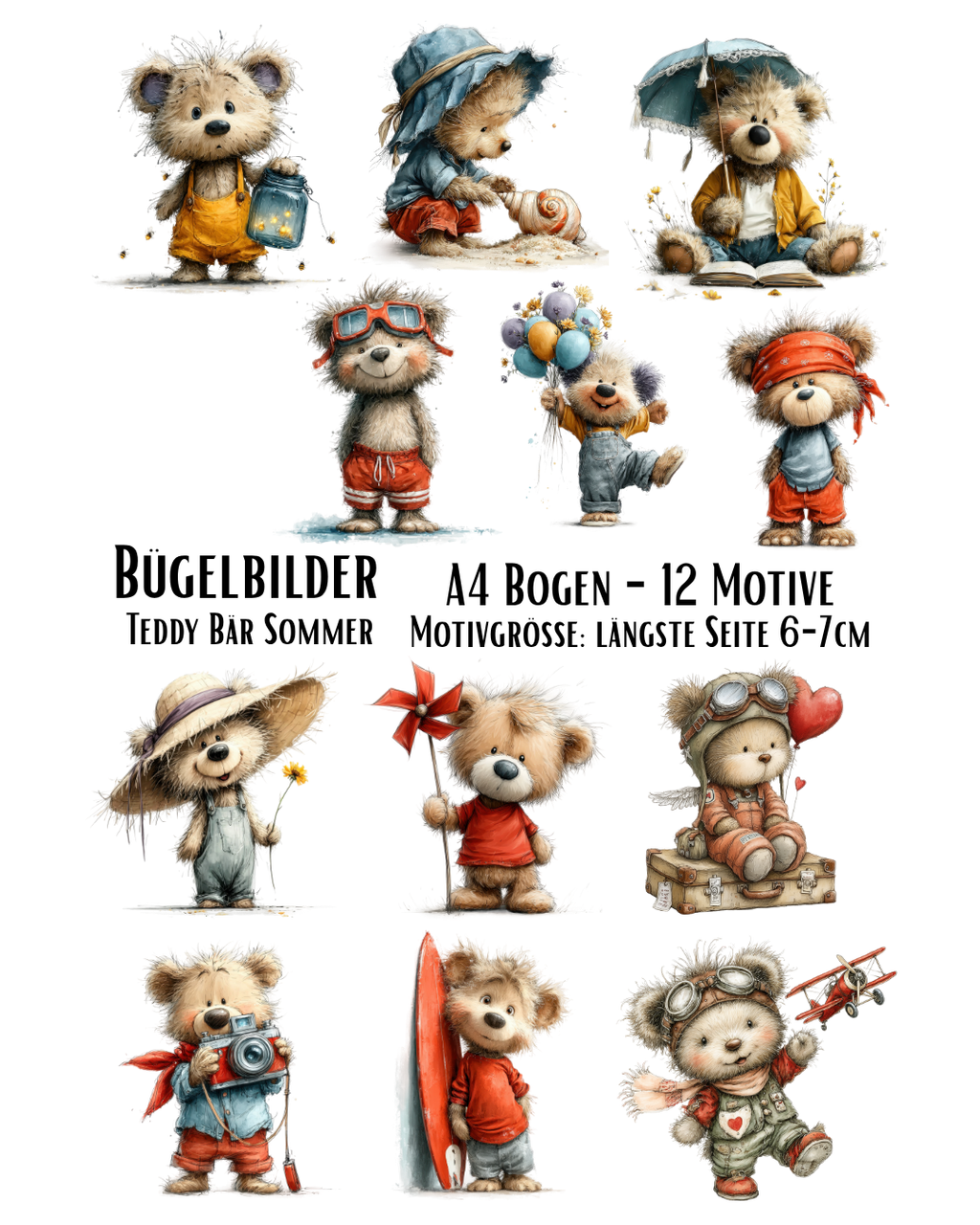 Bügelbilder-Set „Teddy Bär Sommer“ | DIN A4 Bogen mit 12 Motiven zum Aufbügeln für Kinder