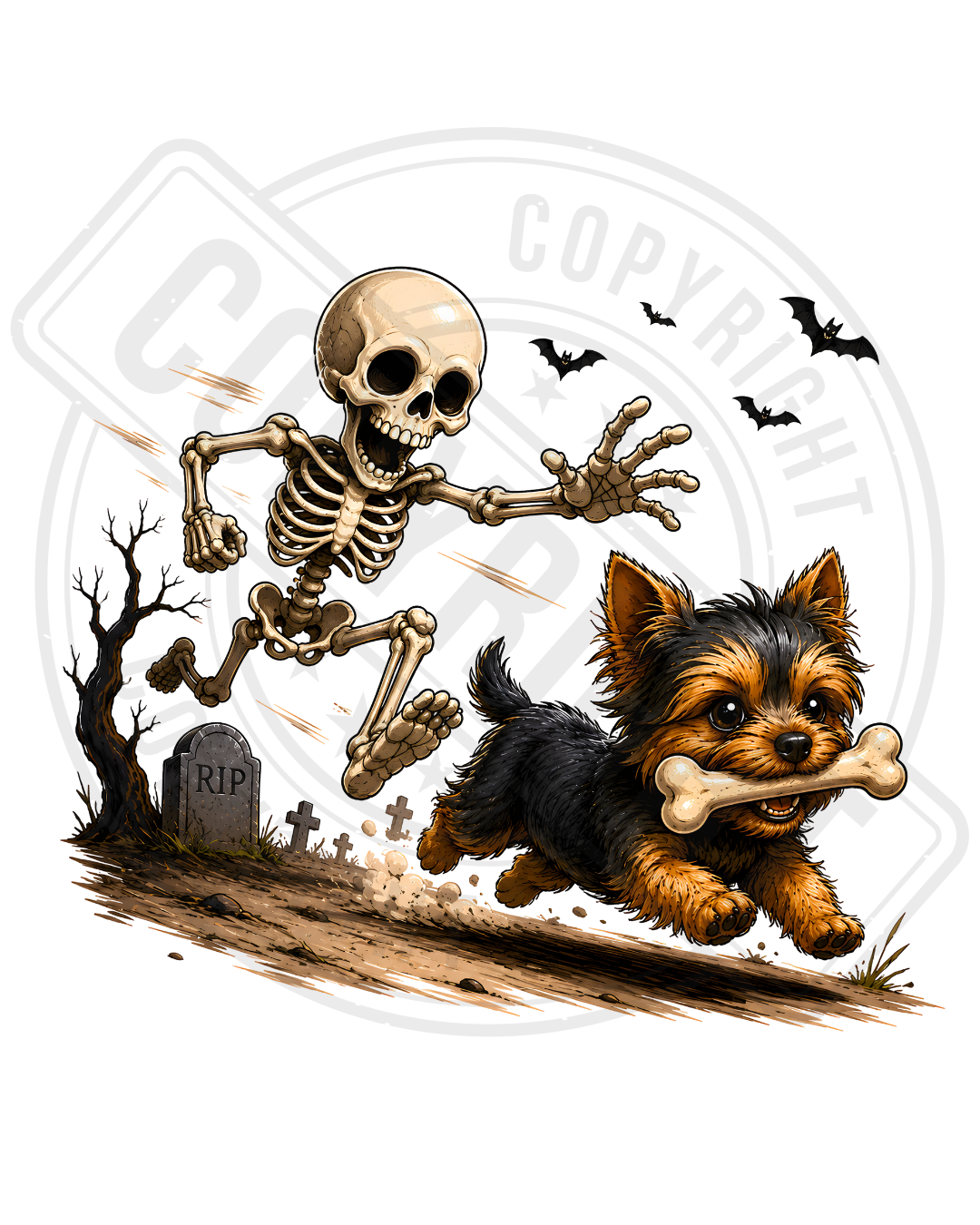 Bügelbild - Skelett hinter Hund