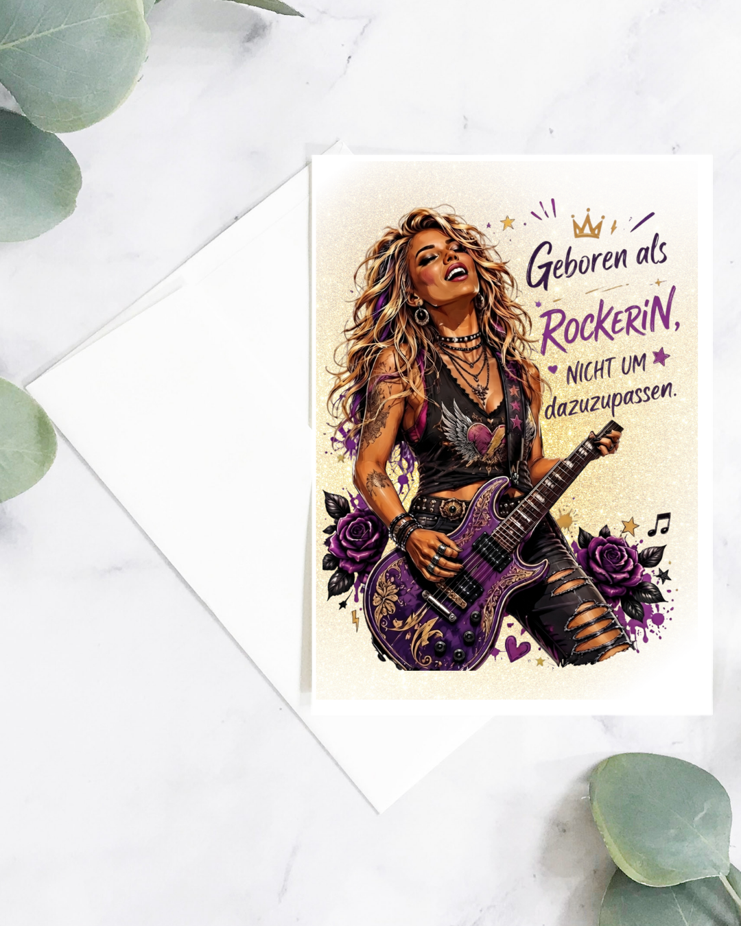 Grußkarte mit DTF-Veredelung & Umschlag – Geboren als Rockerin