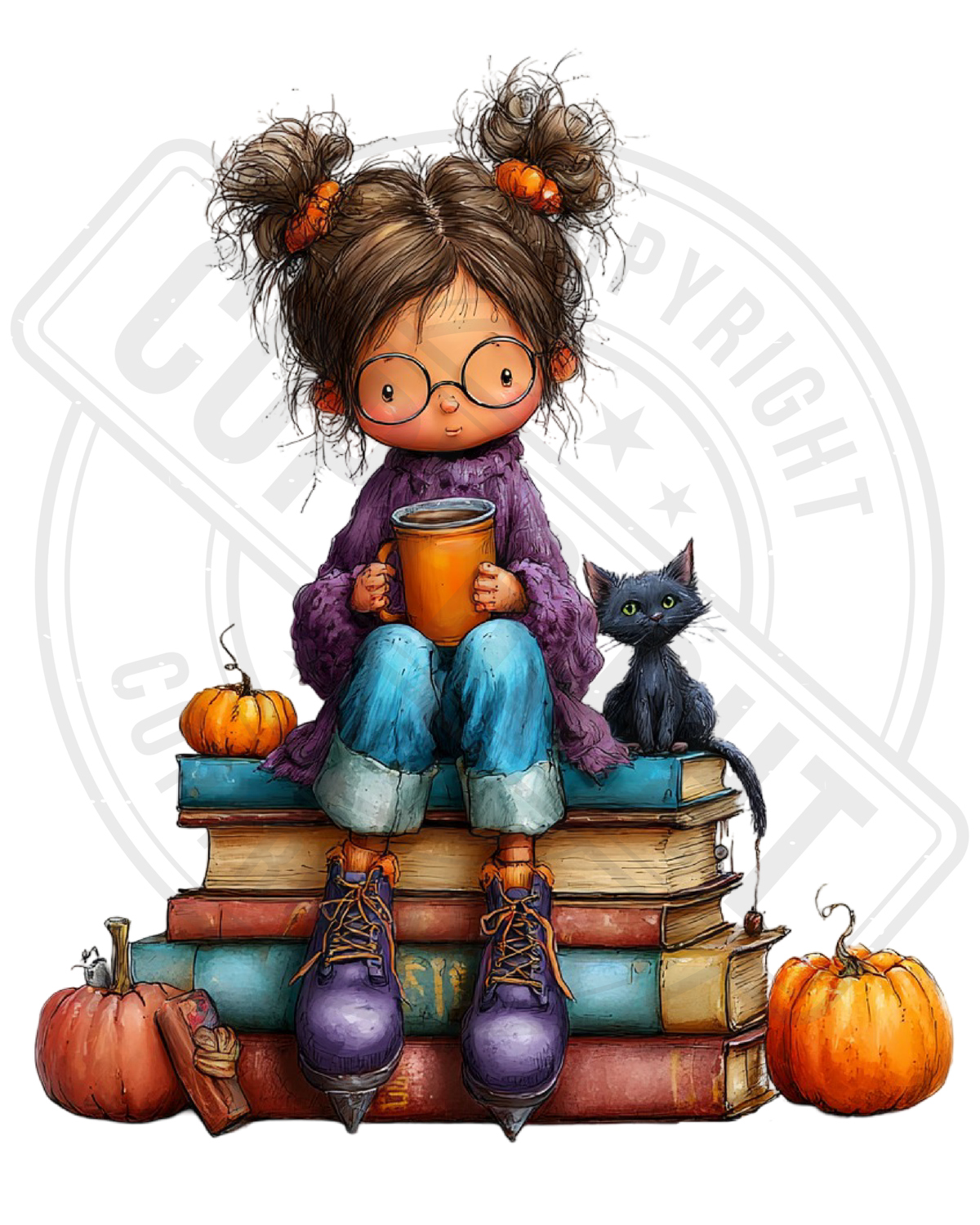 Bügelbild - Mädchen sitzend auf Bücherstapel