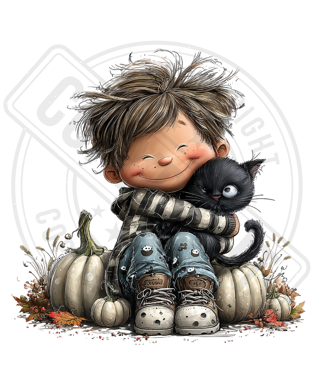 Bügelbild - Junge mit schwarzer Katze
