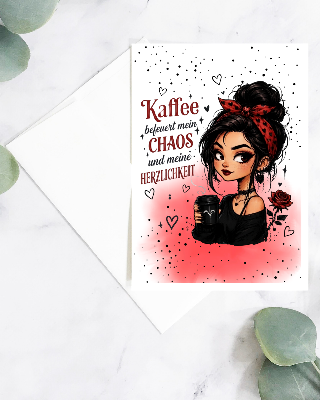 Grußkarte mit DTF-Veredelung & Umschlag – Kaffee Chaos