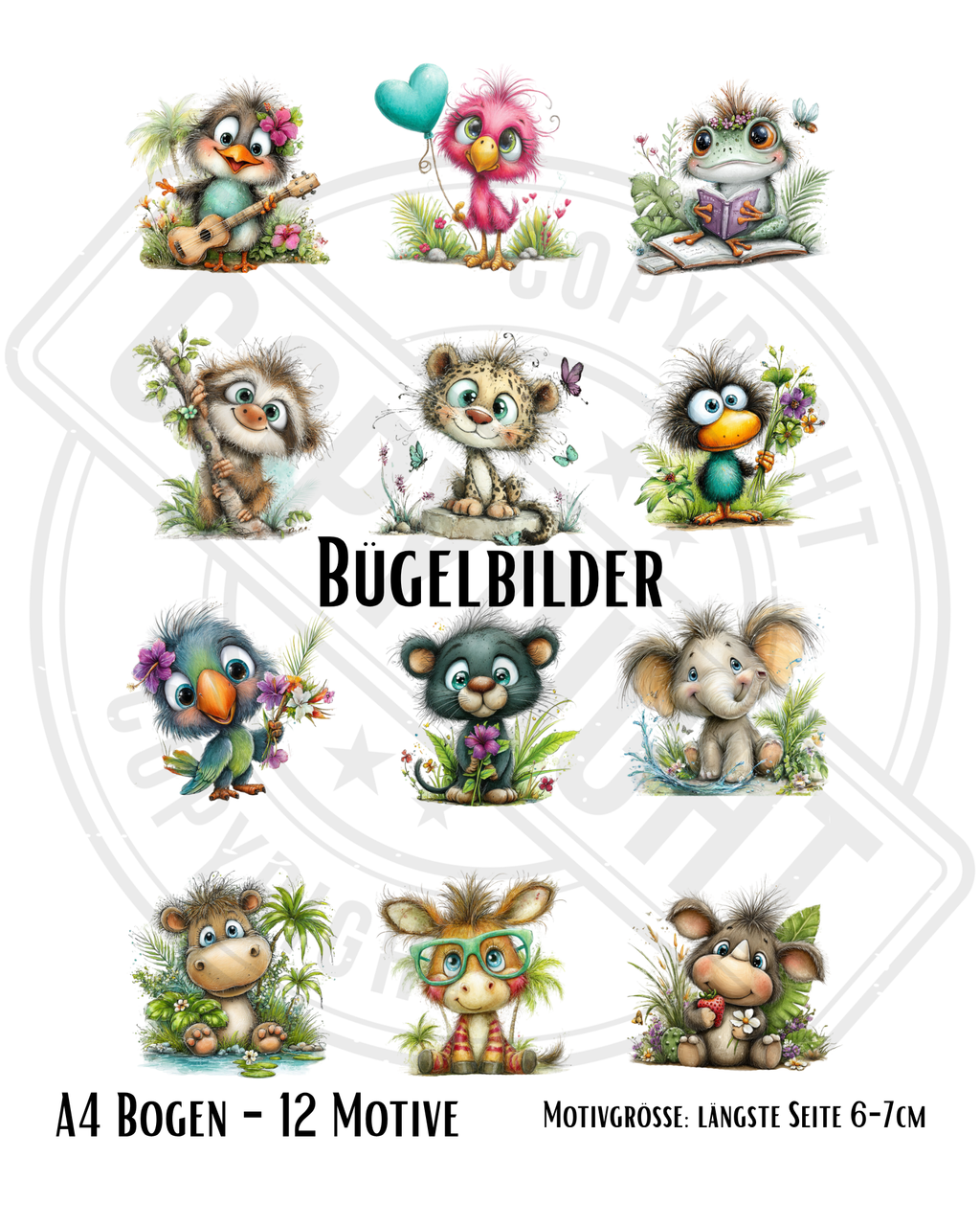 Bügelbilder Dschungeltiere    Set 1 | DIN A4 Bogen mit 12 Motiven zum Aufbügeln für Kinder