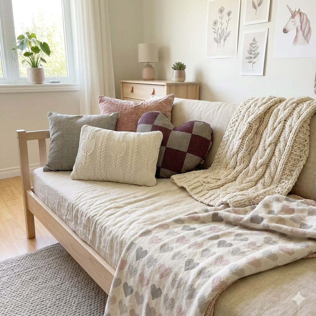 Erinnerungsstück in Patchworkoptik auf einem Juniorbett in einem Mädchenzimmer mit Kissen und Decken, Bildern an der Wand