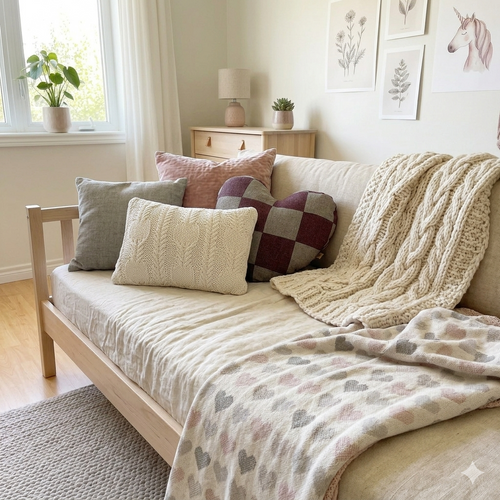 Erinnerungsstück in Patchworkoptik auf einem Juniorbett in einem Mädchenzimmer mit Kissen und Decken, Bildern an der Wand