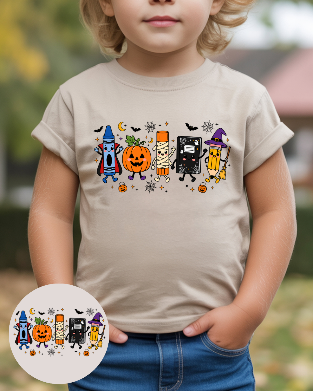 Wachsstift, Kürbis, Klebestift, Heft und Bleistift im Halloweenstyle