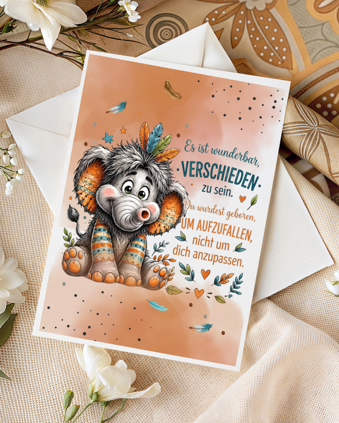Grußkarte mit DTF-Veredelung & Umschlag – Wunderbar verschieden sein...